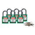 Candado de nylon compacto verde arco de aluminio 1", llaves diferentes (6 piezas) | Brady | 118927