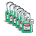Candados de nylon verde arco acero 1.5" llaves diferentes (6 piezas) | Brady | 51345