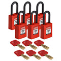 Candados de nylon "SafeKey" rojo arco de plástico 1.5", llaves diferentes (6 piezas) | Brady | NYLRED38PLKD6PK