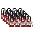 Candado de nylon rojo arco de plástico 1.5", llaves diferentes (24 piezas) | Brady | SDPLRED38PLKD24