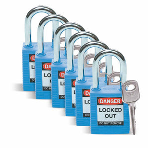 51344 - Candado de nylon azul arco acero 1.5" llaves diferentes (6 piezas)