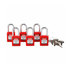 105890 - Candado de bloqueo rojo arco metálico llaves iguales (6 piezas)