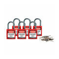 Candado de nylon compacto rojo arco aluminio 1", llaves diferentes (6 piezas) | Brady | 118926