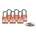 Candado de nylon compacto naranja arco de aluminio 1", llaves diferentes (6 piezas) | Brady | 118928